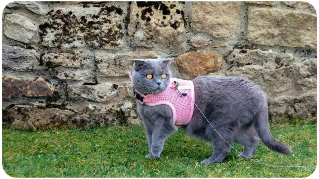 a gray cat wearing a pink vest on a leash