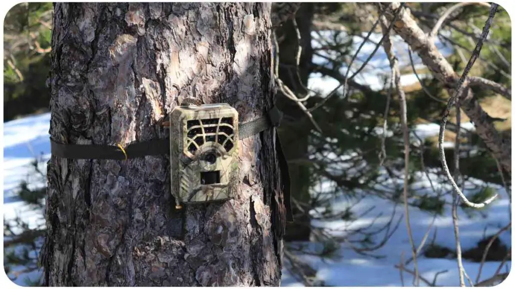 a camera mounted on a tree in the woods