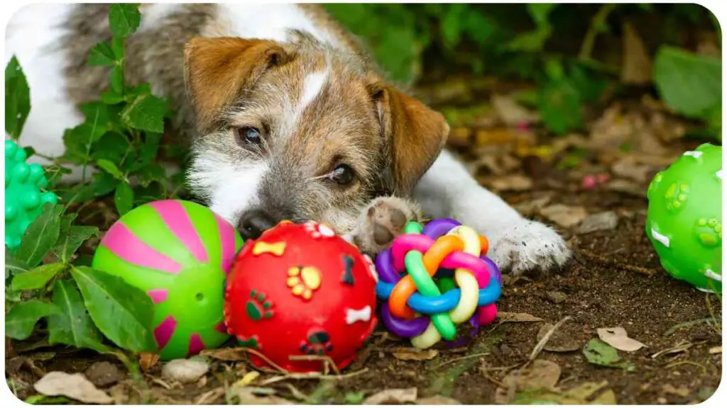 a small dog laying on the ground with colorful toys