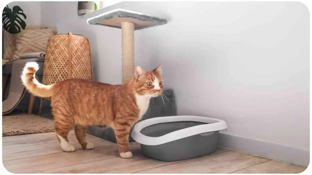 an orange and white cat standing next to a litter box
